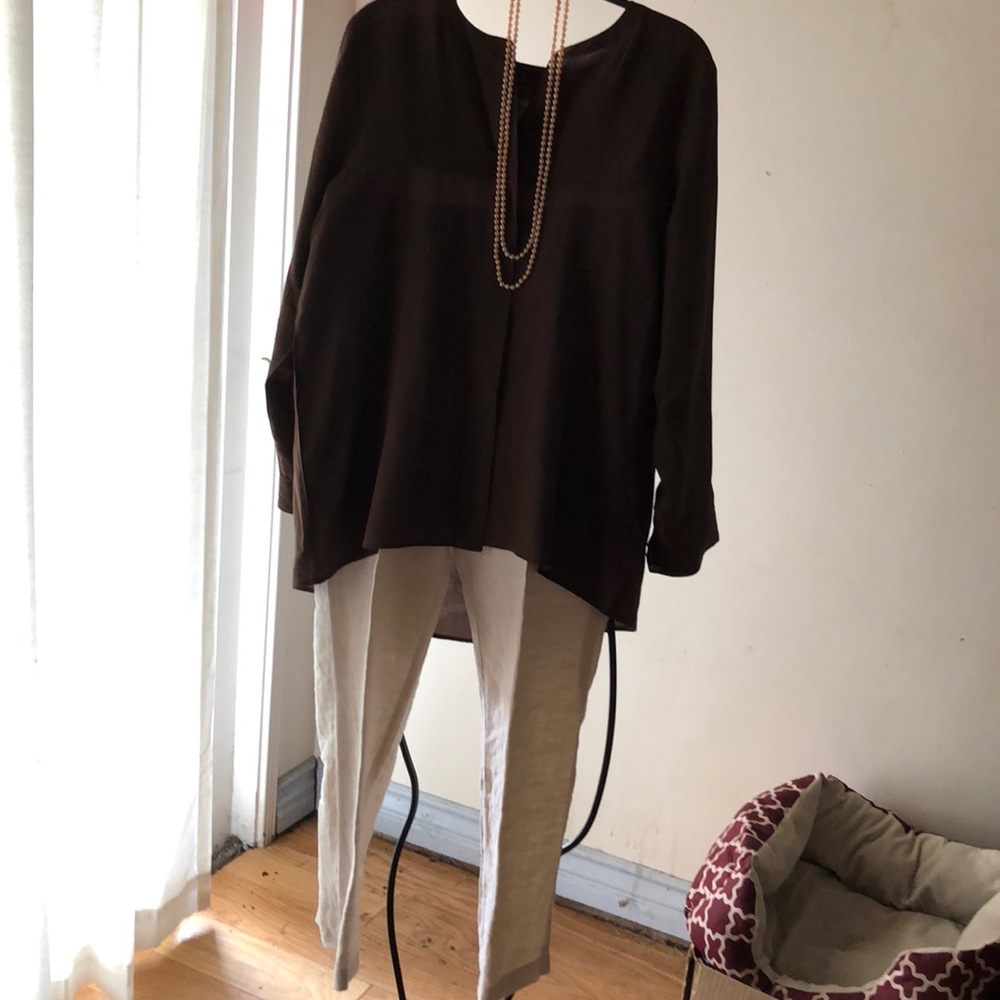 Liken pants and silk blouse